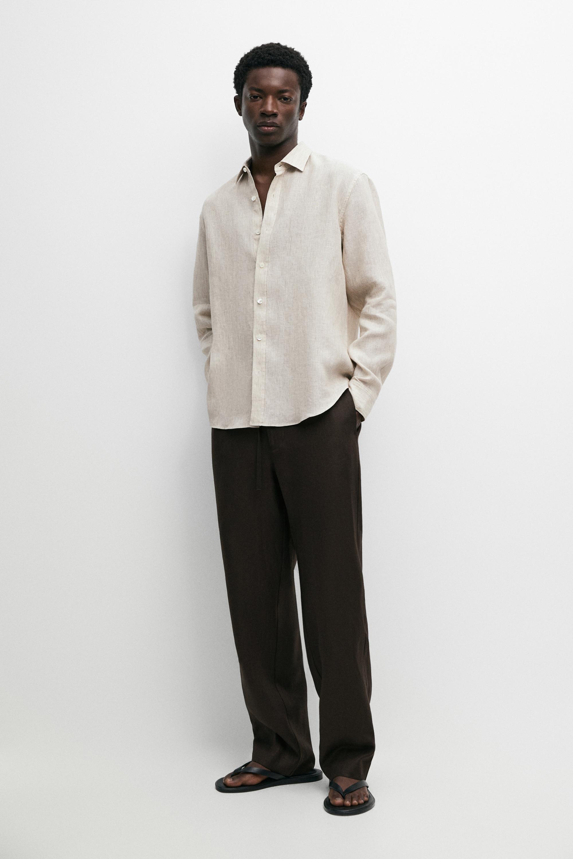 Regular fit washed striped 100% linen shirt